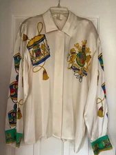 ESCADA SILK BLOUSE IN CREAM COLORFUL MILITARY THEME 38 M WEST GERMANY STAINED