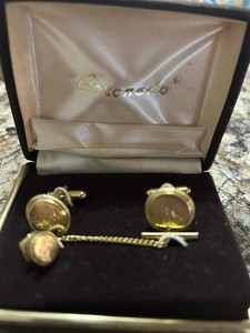 Vintage Coronado Mens Initial Y Cufflinks Tie Tac Set Gold Tone Monogram Box