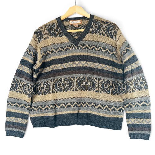 Vtg Y2K Fair Isle Wool Blend Womens M V Neck Geometric Sweater Pullover Kamal