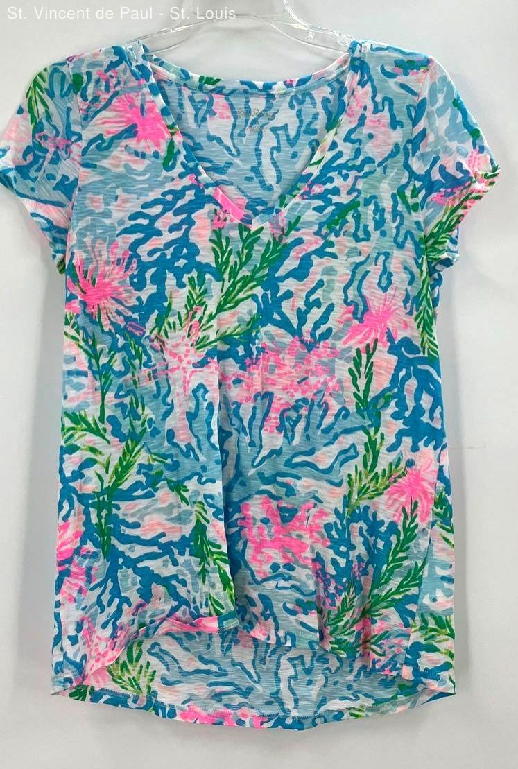 Lilly Pulitzer Womens Etta T Shirt Tropical Print Coral Bay 100 Cotton Small