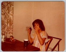 Vtg Color Snapshot Girl In Striped Dress With Hairbrush And Mug At Table 1970s