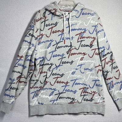 Tommy Jeans Hoodie Mens Large Gray Allover Graphic Logo Script Fleece Pullover