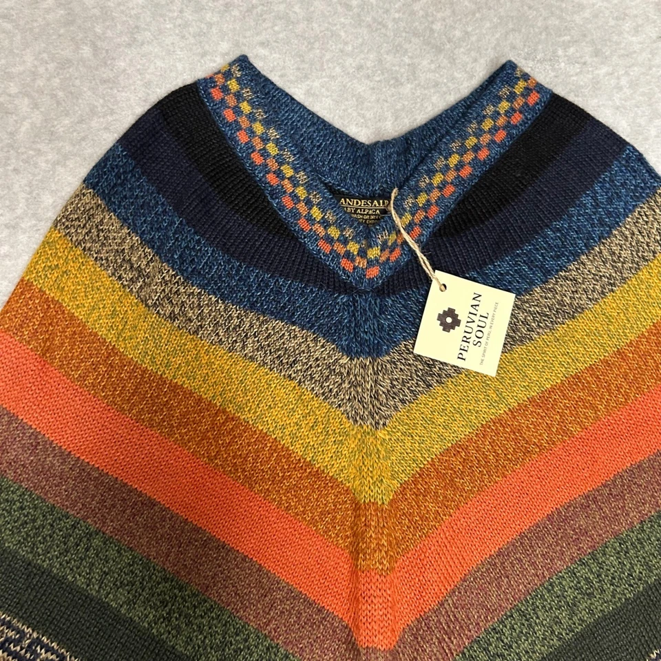 Peruvian Soul Baby Alpaca Poncho Colorful Striped Fringe Boho Southwest Festival - Image 2 of 4