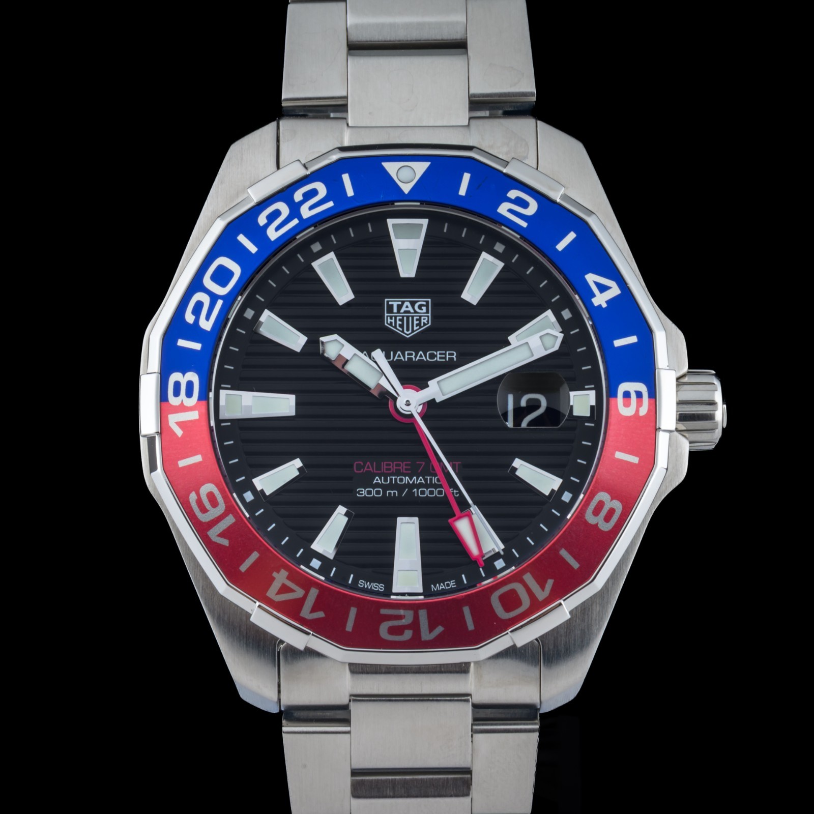 TAG Heuer Aquaracer Calibre 7 GMT WAY201F Pepsi 43mm Automatic Watch + B&P
