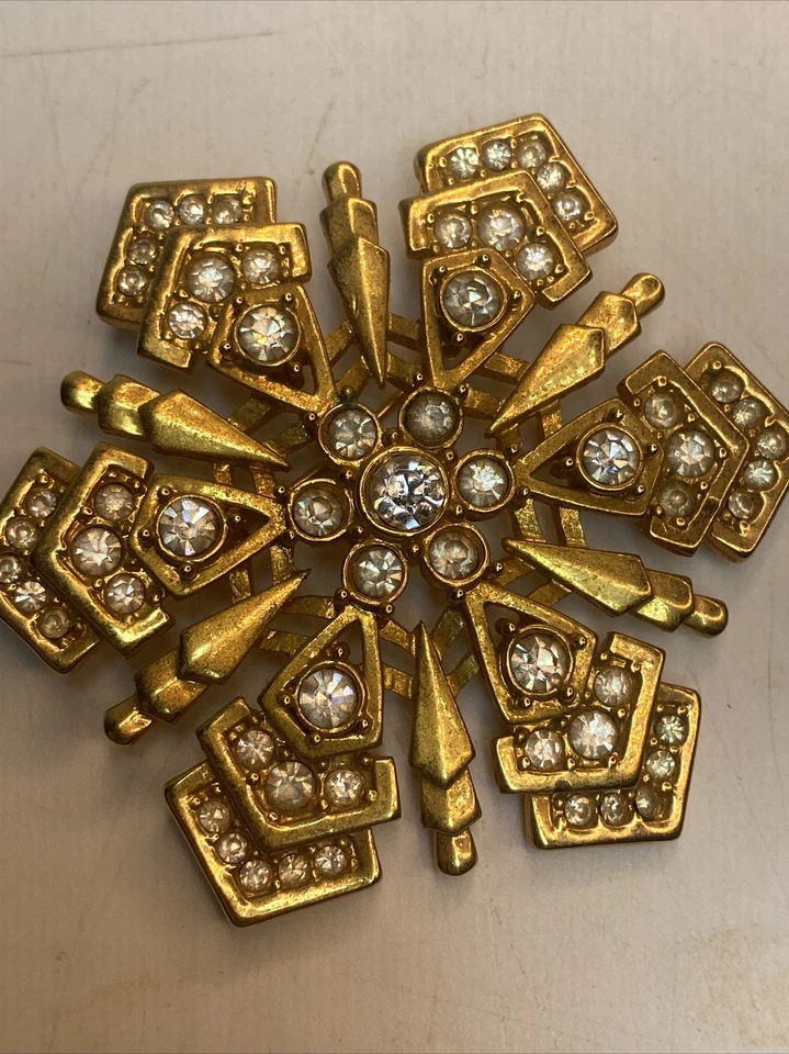 Monet Snowflake 80’s Brooch Large Crystals Rhinestones Gold-Tone