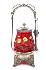 Middletown Plate Co. Antique Victorian Pickle Castor Jar Red Glass Hand Painted