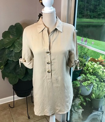 Philosophy Linen Half Button Down Shirt Beige with 3/4 Tie Sleeves Small NEW