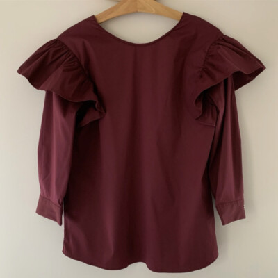 NWT Zara Ruffle Arm Blouse Dress Shirt Wine Burgundy Size XS
