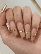 24pcs Long Coffin Gold Line French Fake Nail Press On Nails False Nails Glue On