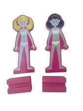 Melissa  Doug 2 Magnetic Dress Up Wooden Dolls Multi Outfits 50 Pieces Stands