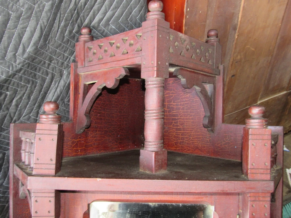 Antique Victorian Eastlake Aesthetic Hanging Mahogany Corner Cupboard Cabinet - Image 3 of 4