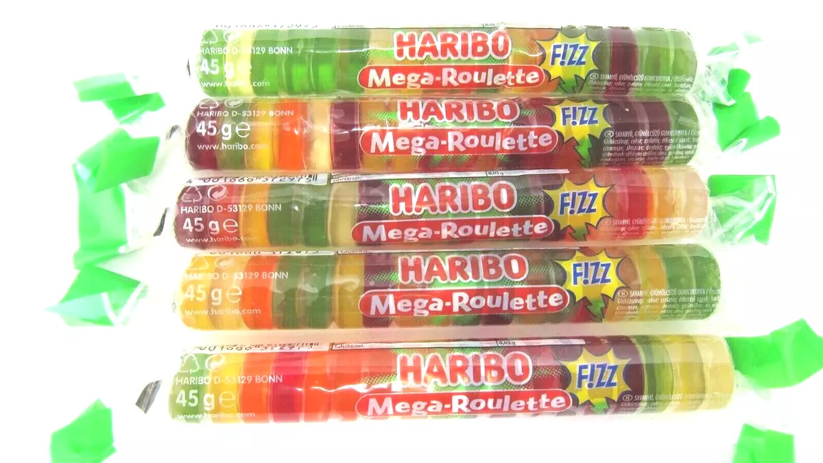 Haribo Roulette FIZZ SOUR gummy bears -5 rolls-Made in Germany FREE SHIPPING