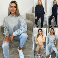 Womens Ruched Sleeve Hoodie Top Bottom Suit Lounge Set Ladies Tracksuit Set 8-22