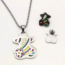 Stainless Steel with Enamel Earrings and Necklace Lovely Bear Set