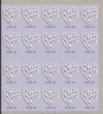 2007 US Scott #4151 41c Wedding Hearts, Booklet Pane of 20 MNH