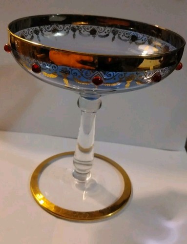 Stunning Vintage Venetian Purple Gilded Glass Champagne Goblet Ruby Jewelled - Picture 3 of 7