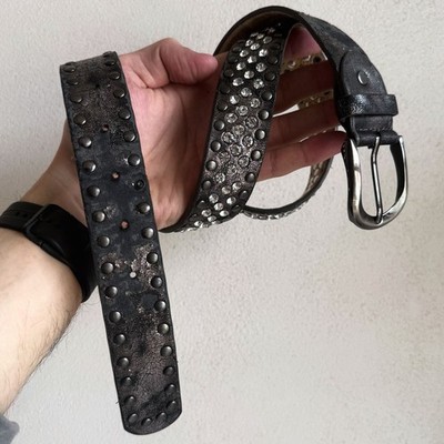 Y2K Studded Leather Belt Crystal Rhinestone Punk Distressed Wide Rare