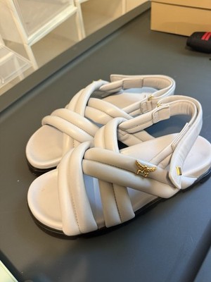 MCM Women's Gray Leather Strappy Sandals US 9 Adjustable Hook & Loop Logo