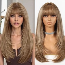 Wig - Human Hair Blend - Long Straight Layered Dark Brown Bangs Heat Resistant