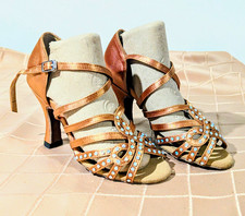Women s Youth 3.5 Ballroom Latin Dance Heels Nude Satin Rhinestone Strappy