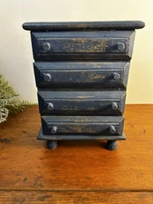 Vintage Miniature Chest Of Drawers Jewelry Cabinet Rustic Blue Paint 10” Tall