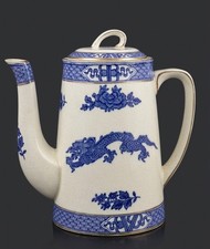 Vintage Cauldon Blue White Dragon Coffee Pot Tall Teapot Gold Trim Gilt