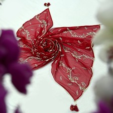 Red Chiffon Dupatta Vintage Indian Embroidered Stole with Zari Scarves Wrap