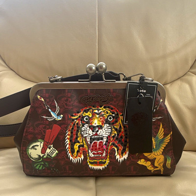 Ed Hardy Rhinestone Tiger Skull Kiss Lock Satchel Handbag Detachable Strap