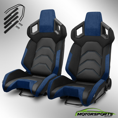 [Pure Series] Pure Black+Blue Reclinable PVC Car Racing Seats Pair W/Slider L&R
