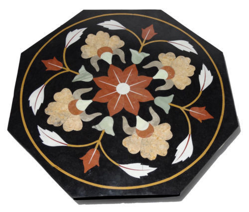 24-Inch Black Marble Coffee Table with Handmade Pietra Dura Craft for Home Decor Gift