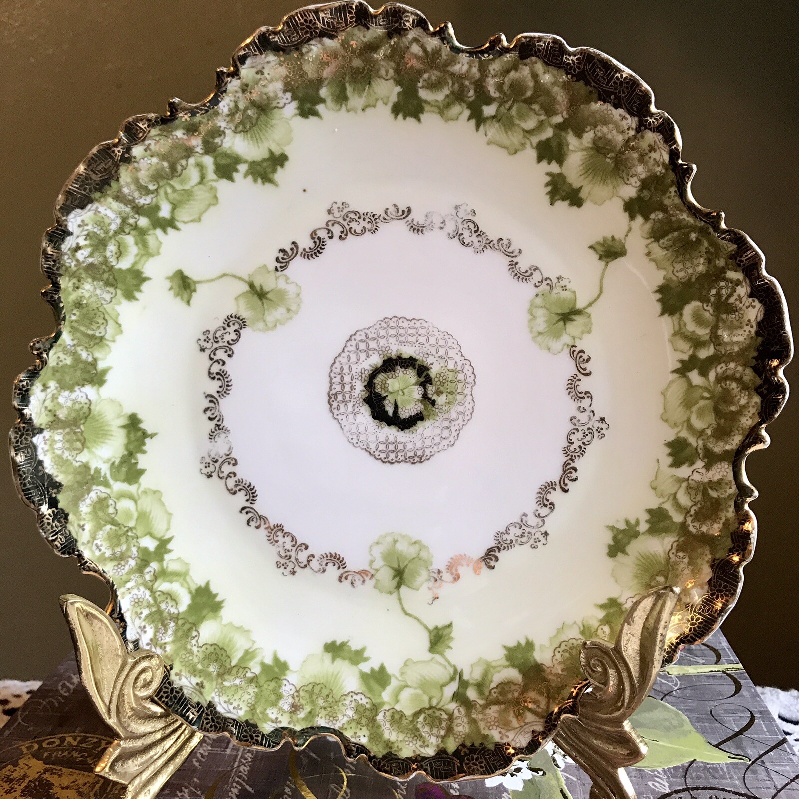 Antique Rosenthal Claire RC Bavaria 8.75” Iris Cabinet Plate Gold Green Floral