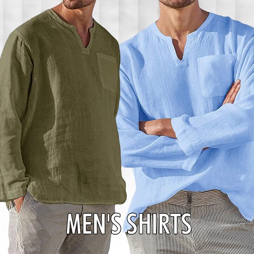 Herren Langarmshirts T-Shirt Sommer einfarbig V-Ausschnitt Strandbluse Tops - Bild 5 von 17