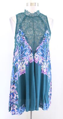 Free People Marsha Teal Green Lace Mock Neck Mini Slip Dress Tunic Size XS  | eBay