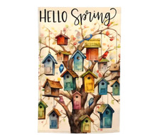 12 X 18 Hello Spring Garden Flag Birds Bird Houses Tree Double Sided Colorful