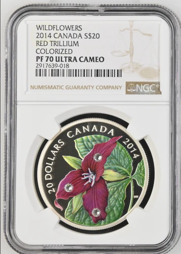 20 DOLLARS 2014 CANADA RED TRILLIUM SILVER PROOF NGC PF70