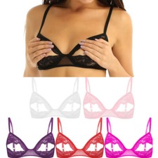Womans Lace Floral Mesh Nipple Split Hollow Out Bra Push Up Wireless Bralette