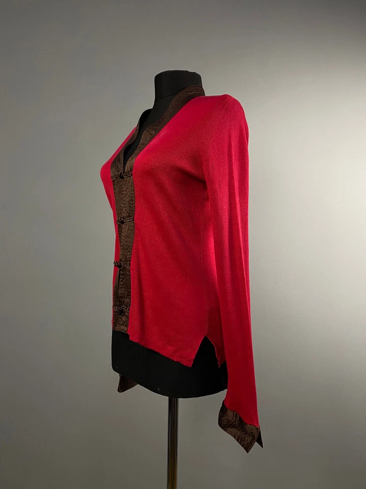 Cárdigan Suéter Jersey Shanghai Tang Mujeres Rojo Marrón Seda Algodón Cierre Rana S Foto 3 de 4