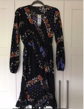 BNWT BOOHOO Women's wrap Over style, black boho Print, Dress. Sz 12