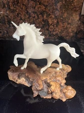 RARE VINTAGE John Perry Unicorn On Wooden Base Figurine Cream Color