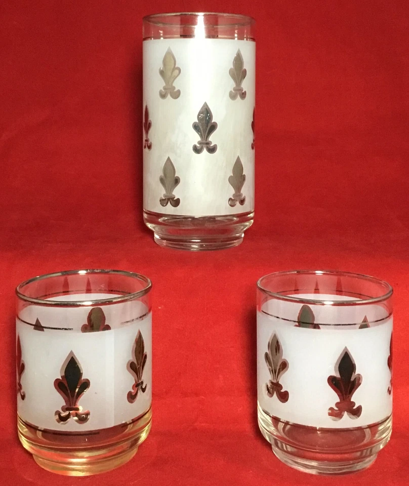 Lote De Colección Mediados De Siglo De 7 Vasos Libbey Flor De Lis Plata Esmerilados Marcados Foto 3 de 4