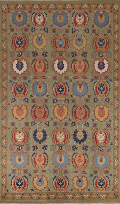 Vegetable Dye Super Kazak Green Rug 7x10 Hand-Knotted Wool Geometric Carpet