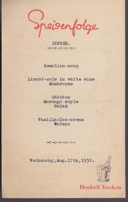 Henkell Trocken Sparkling Wine German Restaurant Menu card 1932
