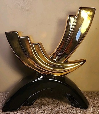 Vintage MCM Vanguard Studios USA 22K Gilded Candleholder w/ Black Base 11'' Tall 