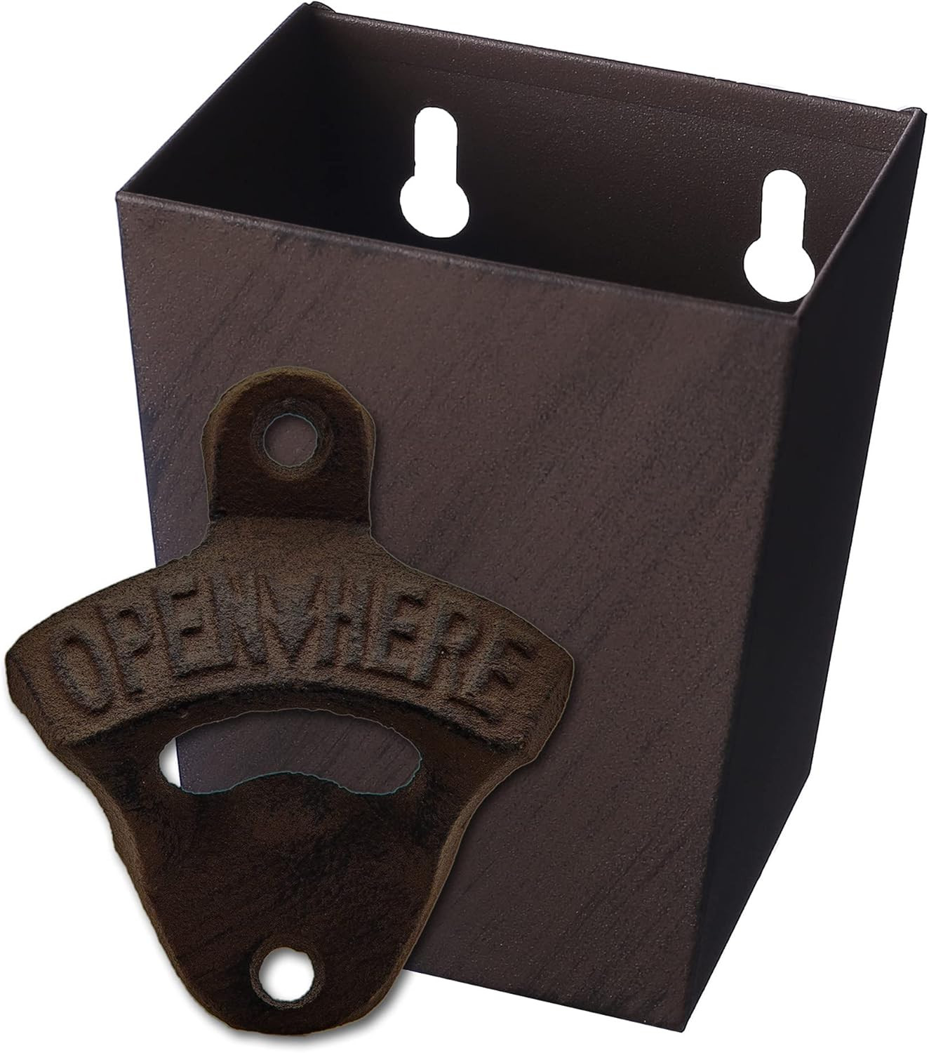 Rustic Cast Iron Beer Bottle Opener Wall Mounted with Cap Catcher Vintage Narrow