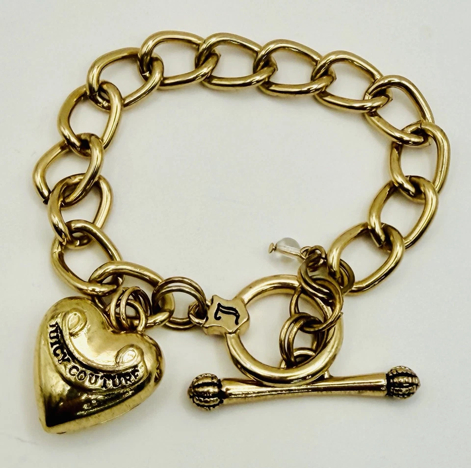 Juicy Couture браслет пухлое сердце переключатель застежка золотистый кубинский ссылка Y2K винтажный - Изображение 4 из 4