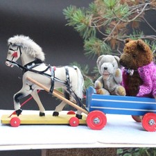 Antique Wooden horse to pull behind on wheels w Wood cart w Teddy Bear Ours