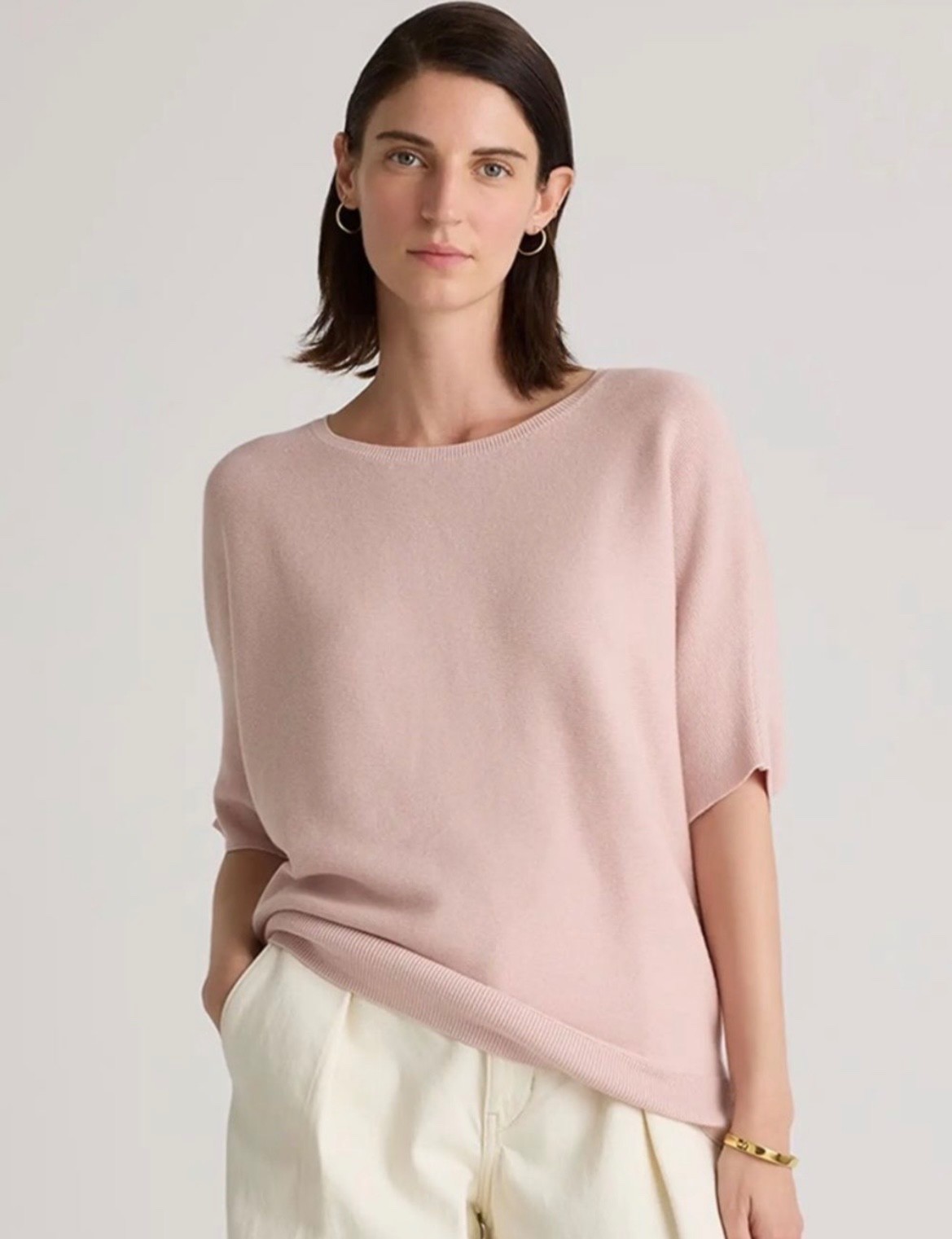 NWT Quince Cotton Cashmere Link-Stitch Dolman Sweater Medium Sugar Stone Pink
