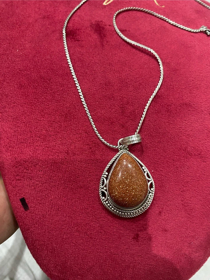 Collana semirigida in argento con pietra avventurina vintage - Immagine 2 di 4