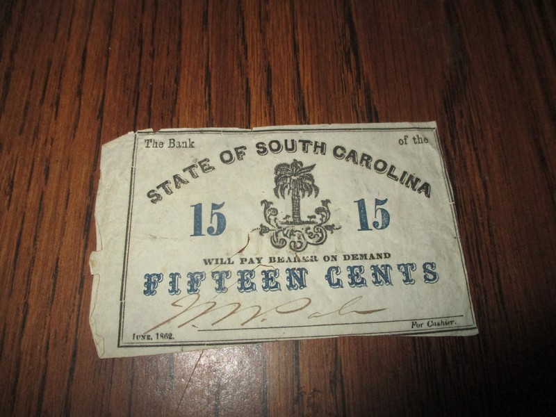 1862 FIFTEEN  CENTS BANK OF THE STATE OF S. CAROLINA CROSS CUT CANCELLED