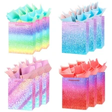 Medium Size Gift Bags 12 Pcs 9" Rainbow Glitter Paper Bags with Handles